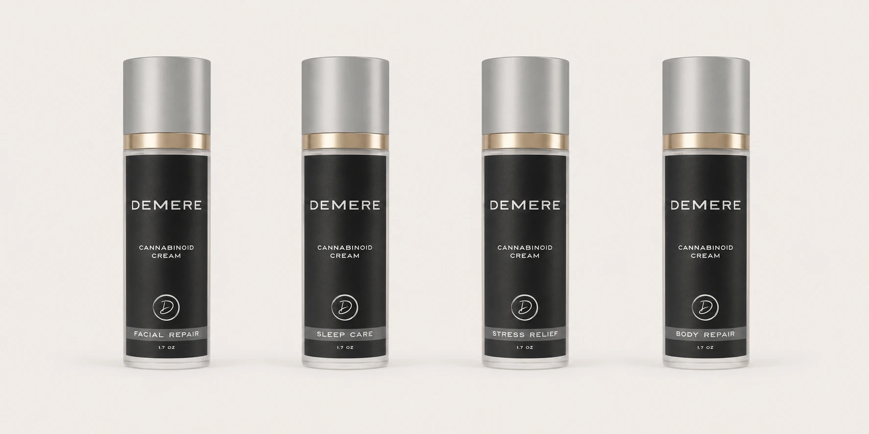DeMere Facial Repair, silver and charcoal airless bottle, packaging concept